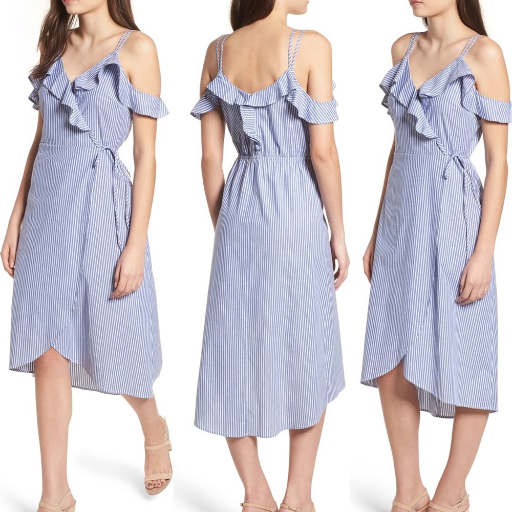 ❌sold - Blue white stripes ruffles wrap dress - Picture 4 of 6